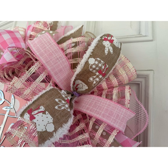 Beige Pink Easter Blessings Deco Mesh Ribbon Spring Wreath Front Door Hanger - Picture 3 of 8